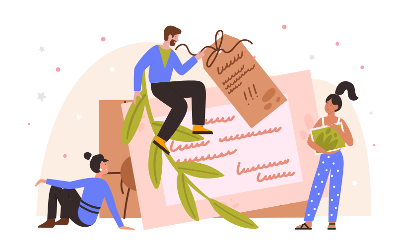 Personas sosteniendo una ilustración vectorial de sobre de carta de papel.  Pequeños personajes de dibujos animados escriben, reciben o envían correo  postal escrito a mano, mujer sosteniendo un gran sello postal vintage, image size:3000x1875