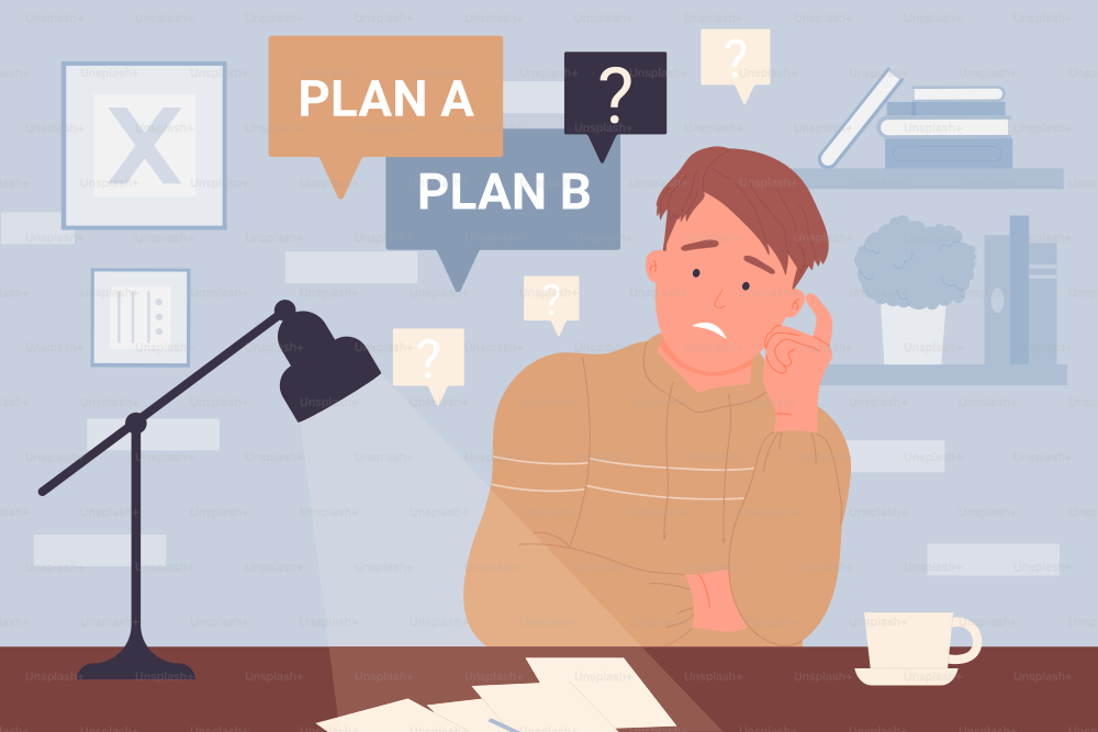 Man with question mark and two option for solving problem vector illustration. Cartoon young guy with dilemma sitting at desk with lamp, employee or student making decision of creative situation