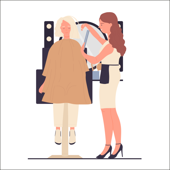 Friseurin arbeitet im Schönheitssalon. Professioneller Friseur mit Pflege-Haarbehandlungen flacher Vektor-Illustration
