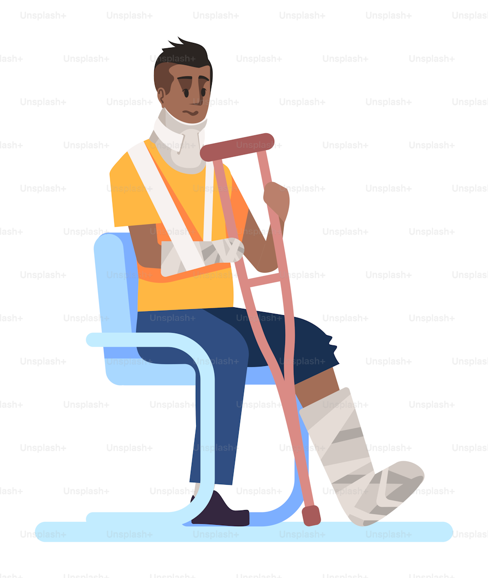 Medical visit semi flat RGB color vector illustration. Traumatized man with broken leg and arm in cast isolated cartoon character on white background