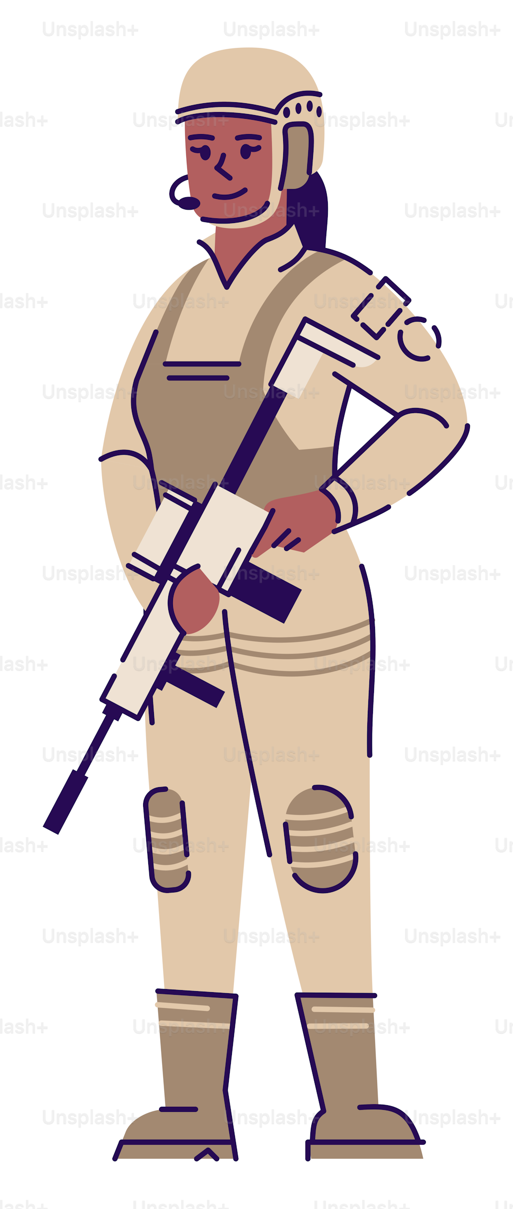 Militärdienst halbflache RGB-Farbvektorillustration. Soldatin in Schutzausrüstung isolierte Zeichentrickfigur auf weißem Hintergrund