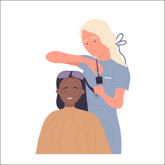 Professioneller Friseur färbt die Haare des Kunden. Schönheitszimmer mit verschiedenen Pflegebehandlungen – Flat Vector Illustration