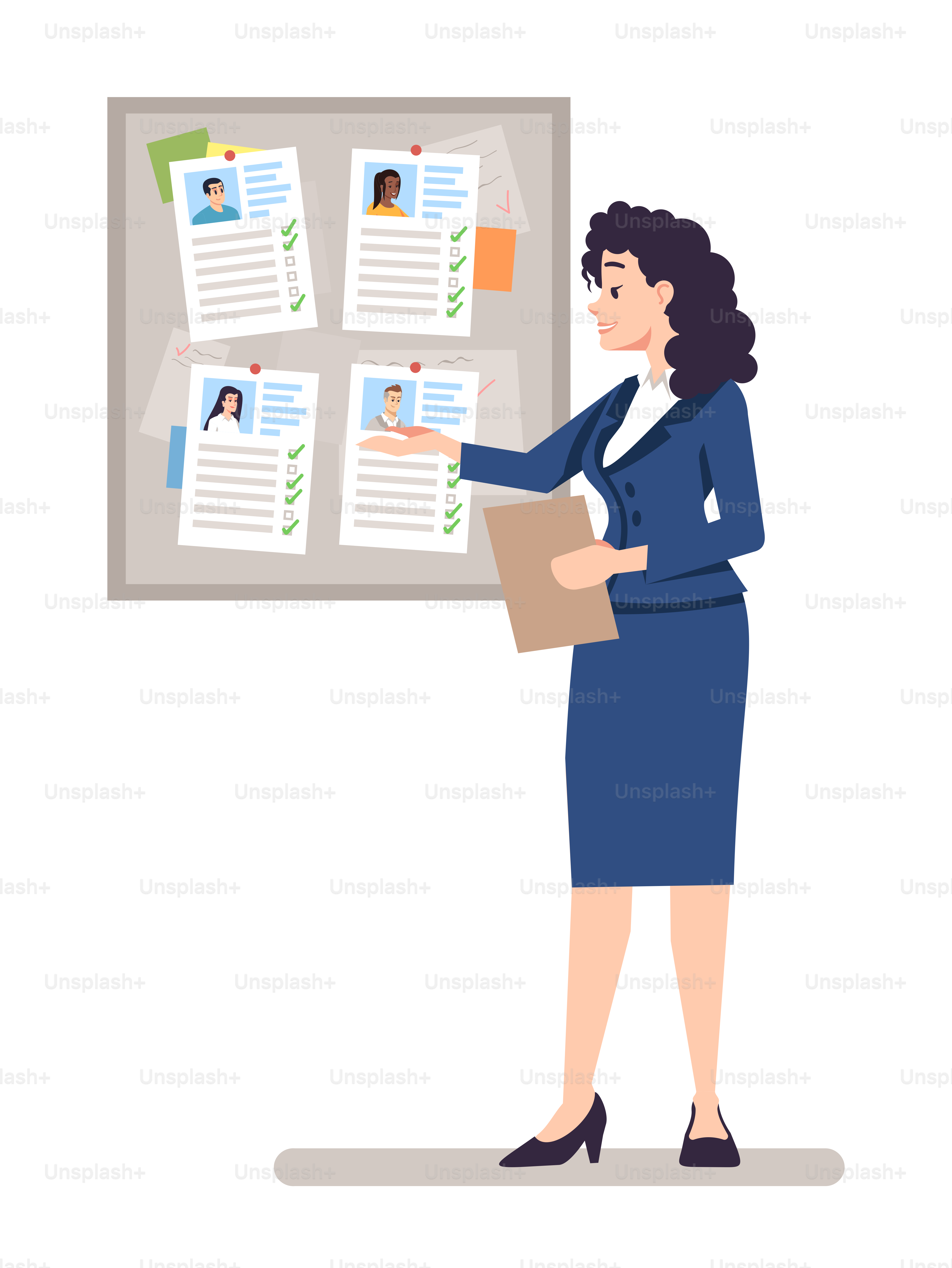 Classement des employés en illustration vectorielle RGB couleur semi-plate. Responsable RH sélectionnant un candidat isolé personnage de dessin animé sur fond blanc