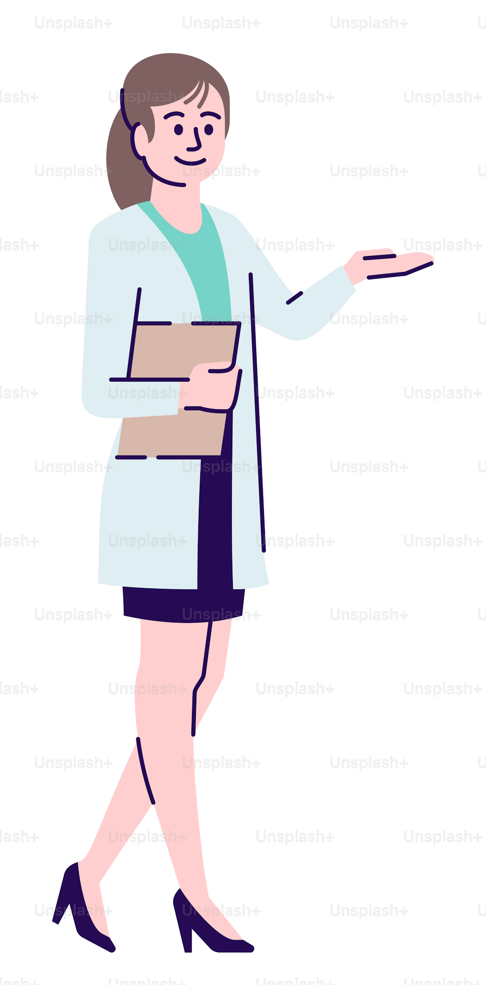 Visitor service position semi flat RGB color vector illustration. Female medical receptionist in white robe isolated cartoon character on white background