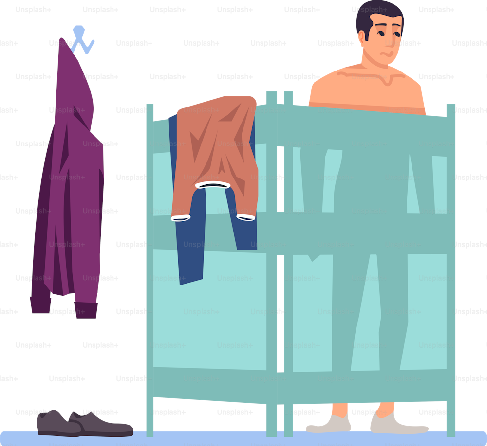 Preparation for medical exam semi flat RGB color vector illustration. Man undressing at doctor office isolated cartoon character on white background
