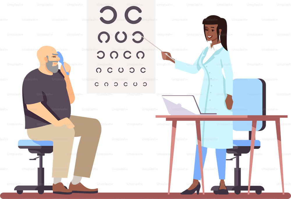 Vision test semi flat RGB color vector illustration. Visiting ophthalmologist for regular eye exam isolated cartoon characters on white background