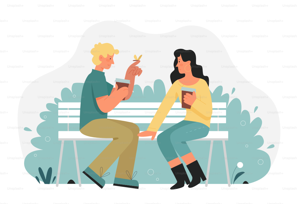 Couple sitting on park bench and drinking coffee. Happy beautiful relationship with together moments flat vector illustration