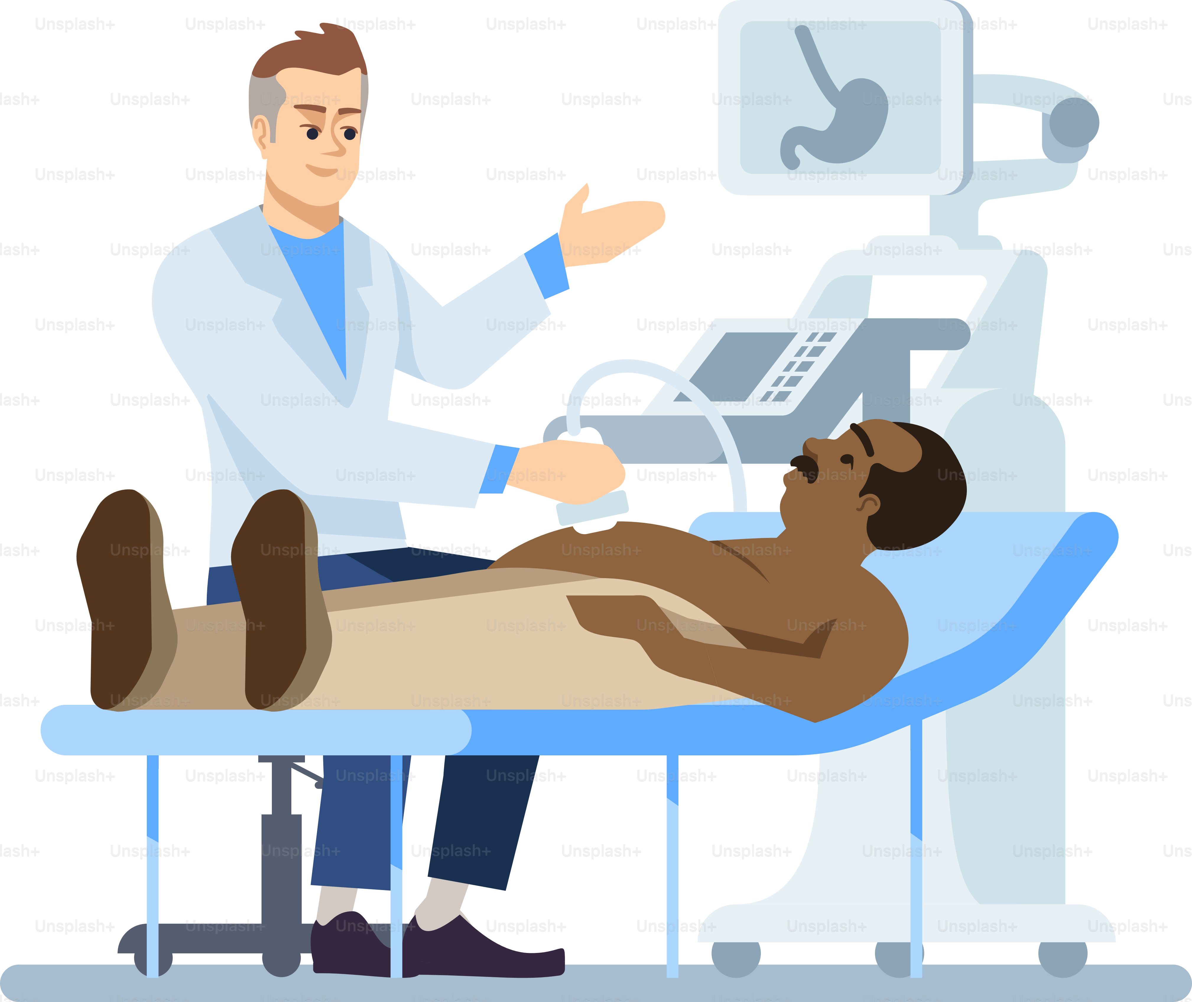 Prosedur medis ilustrasi vektor warna RGB semi datar. Dokter pria melakukan USG perut terisolasi karakter kartun dengan latar belakang putih