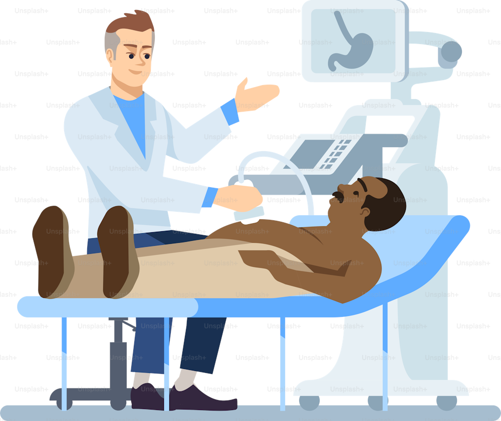 Ilustración vectorial de color RGB semiplana de procedimiento médico. Médico masculino que realiza ultrasonido abdominal aisló personajes de dibujos animados sobre fondo blanco