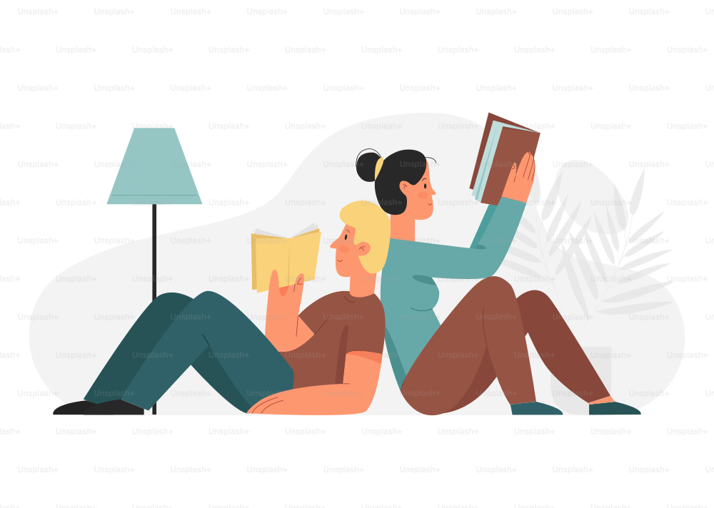 Couple lying and reading book at cozy home. Spending together common leisure relationship time flat vector illustration