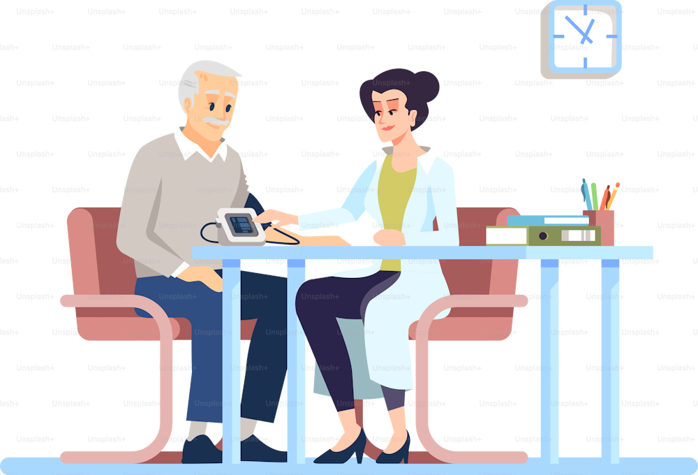 Checking elderly patient blood pressure semi flat RGB color vector illustration. Female geriatrician doctor isolated cartoon characters on white background