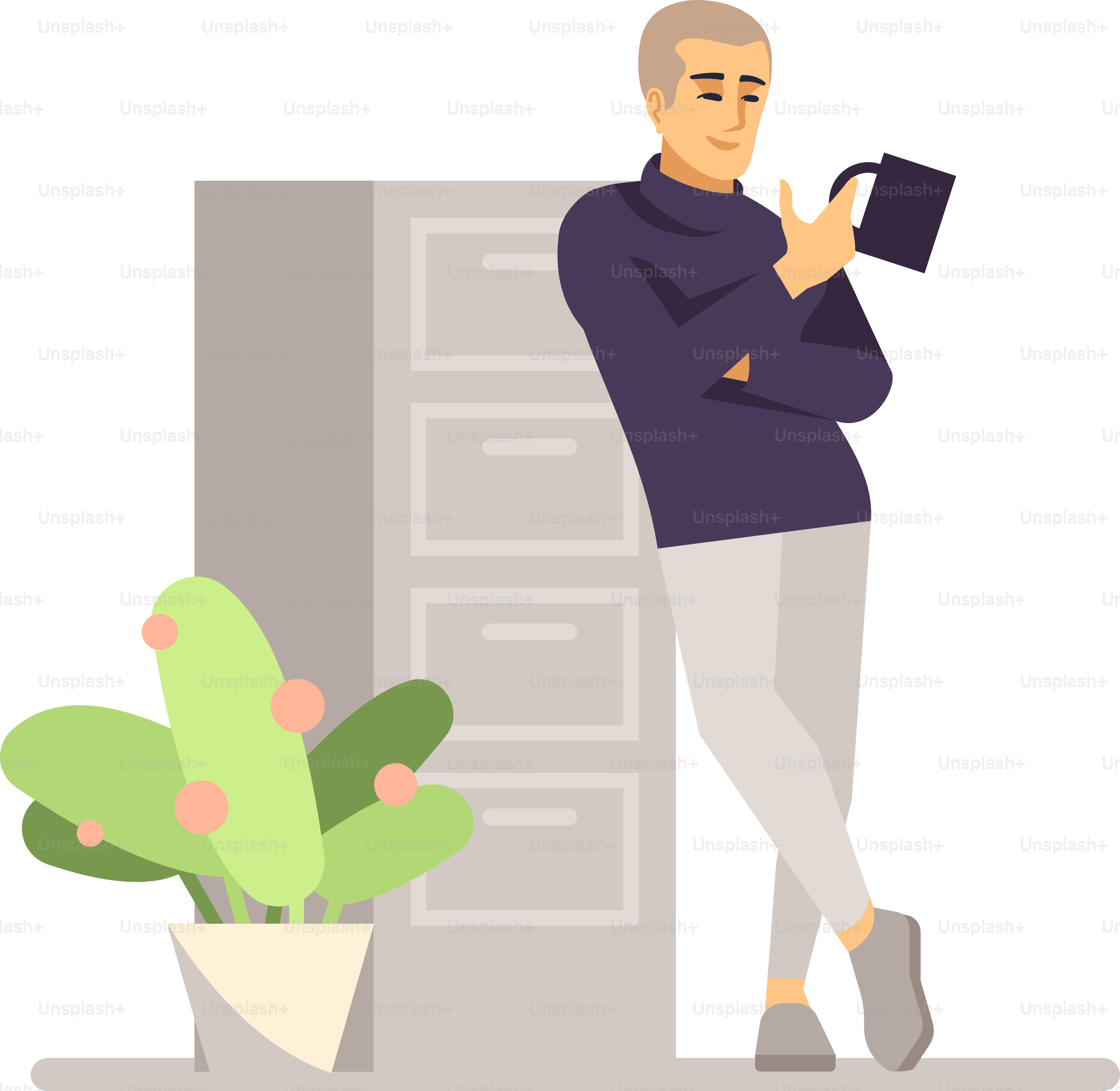 Taking coffee break at work semi flat RGB color vector illustration. Standing smiling man with mug isolated cartoon character on white background