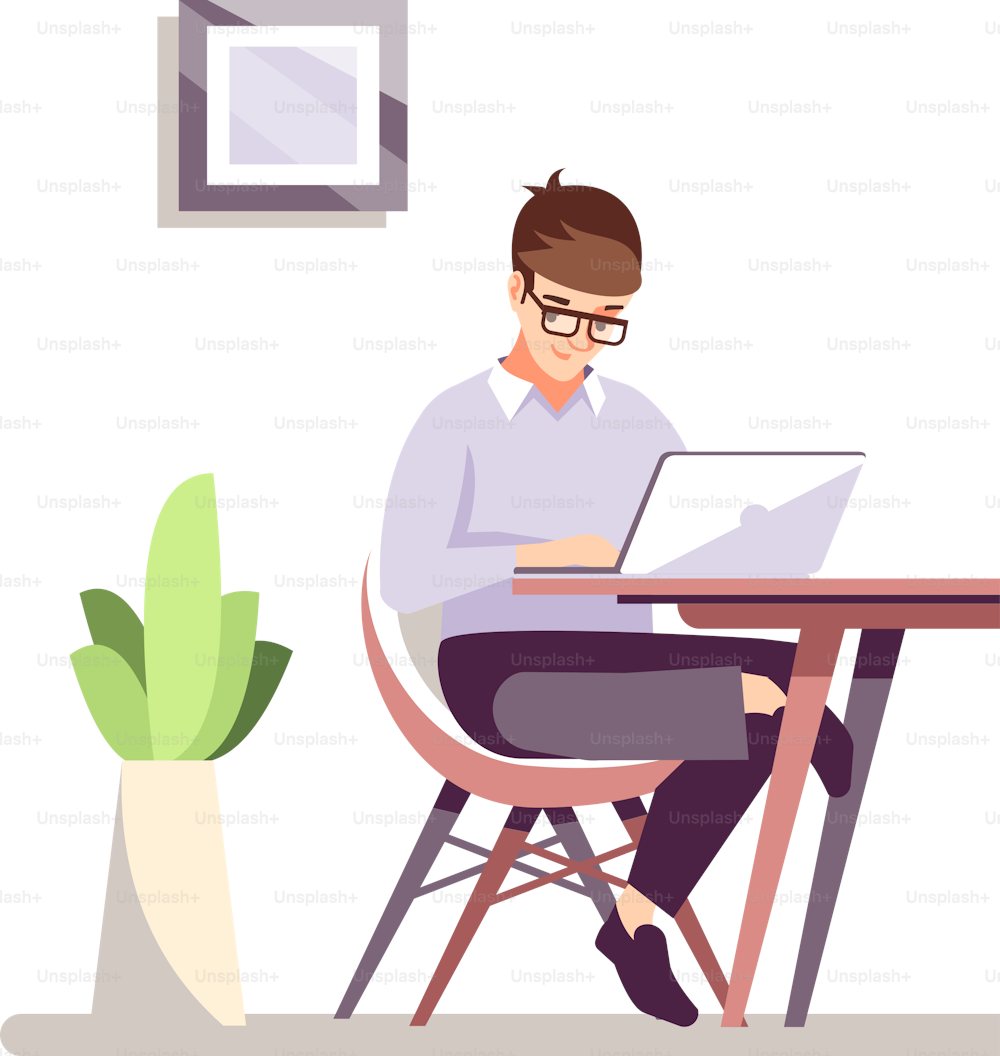 편안한 사무실 공간 세미 플랫 RGB 컬러 벡터 일러스트레이션에서 작업. 하얀 배경에 노트북에 고립된 만화 캐릭터와 함께 앉아 있는 젊은 남자