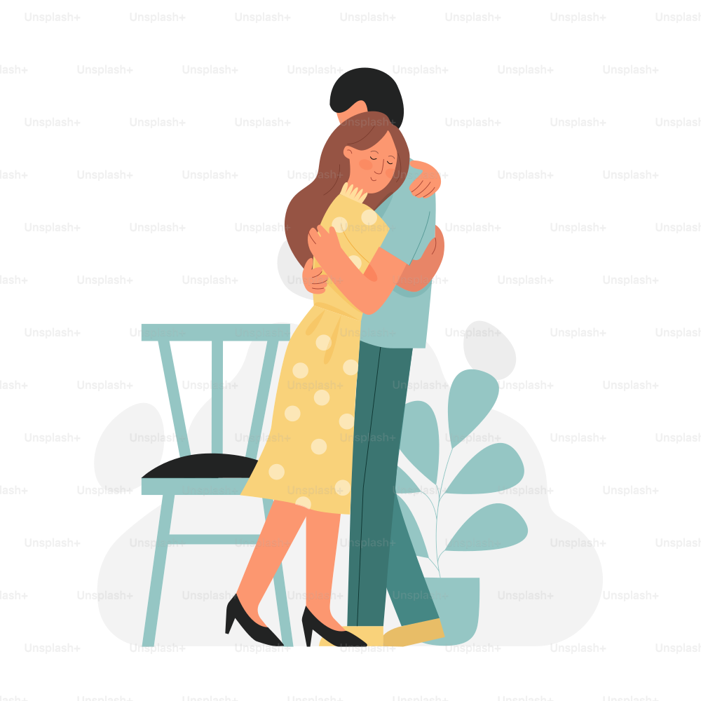 Romantic lovely young couple hugging moment. Warm family embrace showing affection feeling flat vector illustration