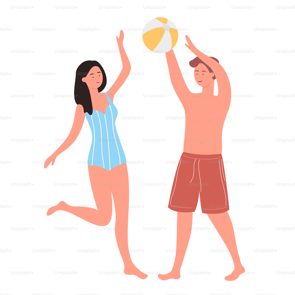 Junges Paar, das aktiv mit Wasserball spielt. Sommererholung Urlaub Freizeit flache Vektorillustration