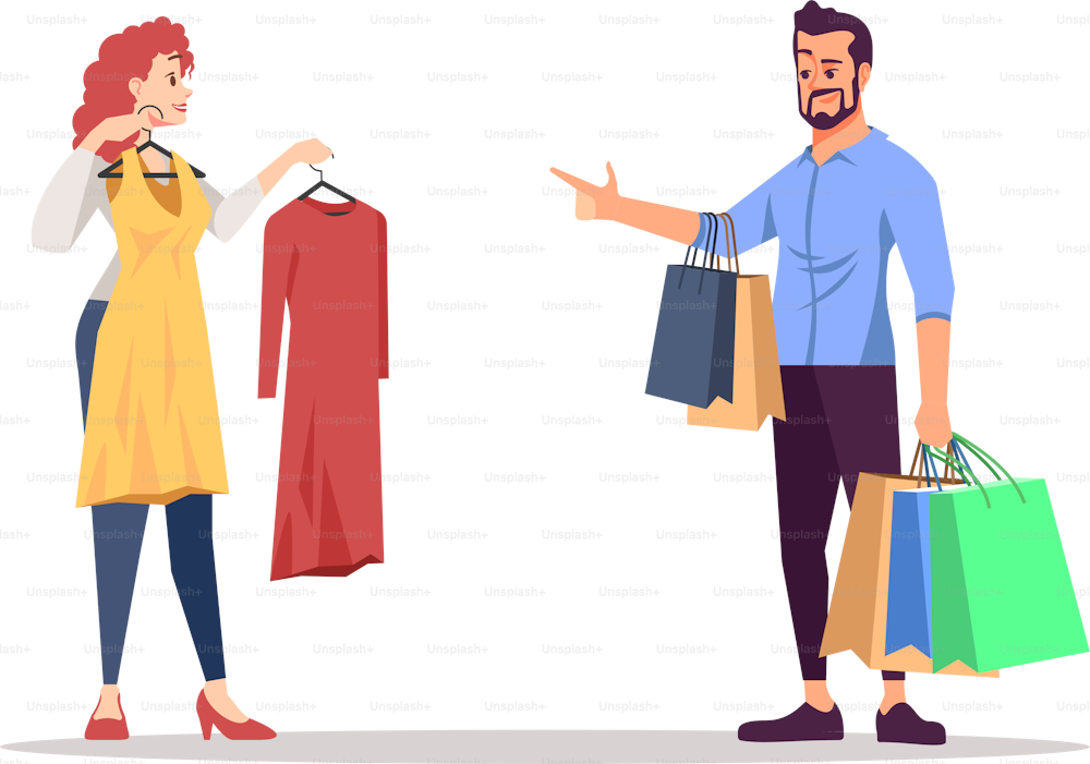 Boutique visit semi flat RGB color vector illustration. Husband helps wife with choosing dress isolated cartoon characters on white background