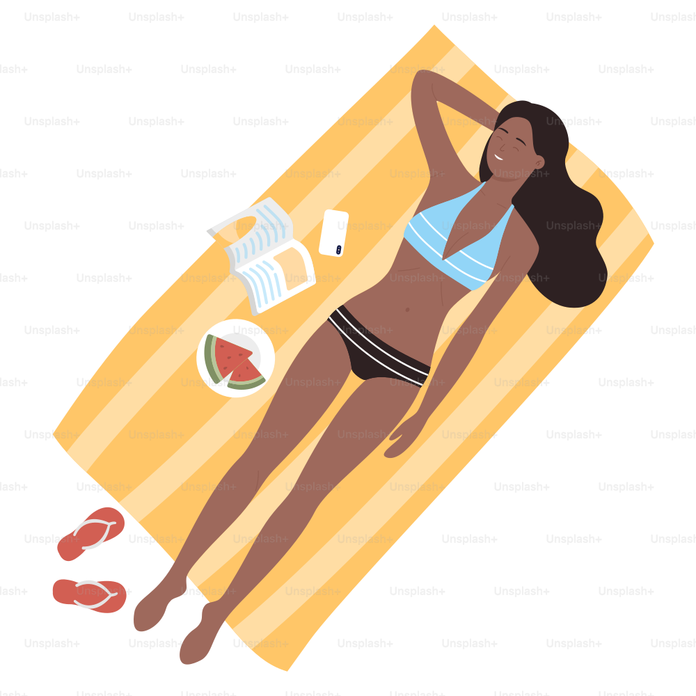 Chica acostada en vacaciones de verano en la playa tomando un baño de sol. Disfrutando de las vacaciones y el clima cálido del sol Ilustración vectorial plana