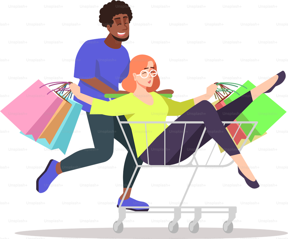 Enjoying time semi flat RGB color vector illustration. Male friend rolling girlfriend in shopping cart isolated cartoon characters on white background