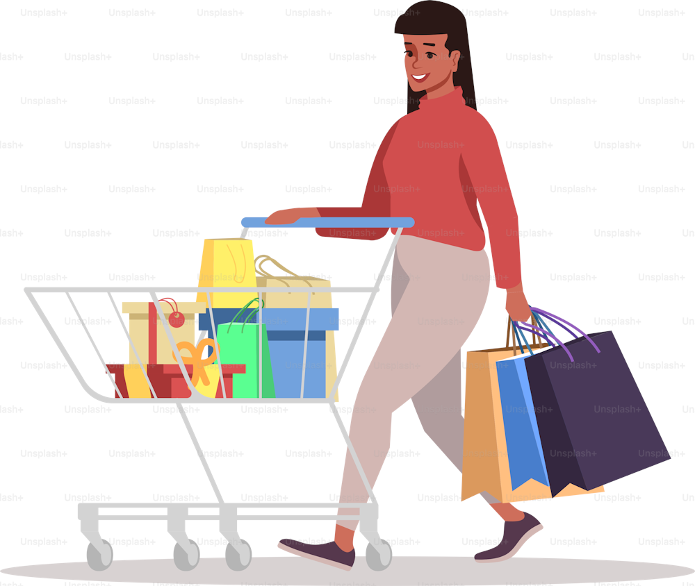Participating black friday event semi flat RGB color vector illustration. Woman rolling shopping cart with boxes and bags isolated cartoon character on white background