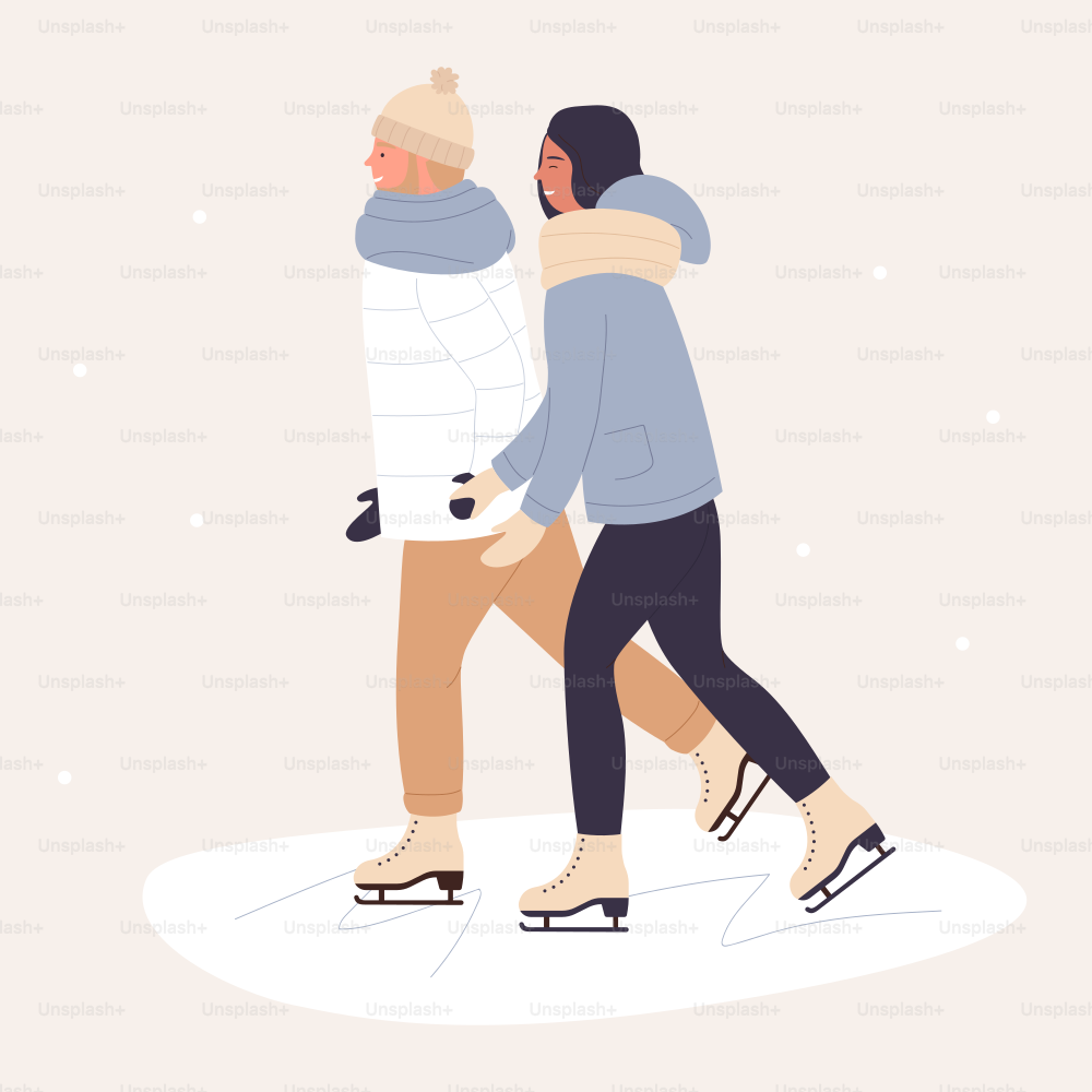 Cute young couple skating together in winter. Ice skate sport or recreational outdoor activity cartoon vector illustration