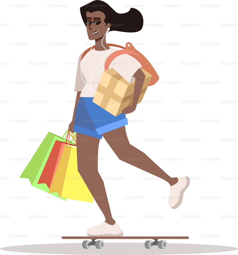 Millennial Shopper halbflache RGB-Farbvektorillustration. Energisches Mädchen mit Einkaufstaschen, die auf Skateboard rollen, isolierte Zeichentrickfigur auf weißem Hintergrund
