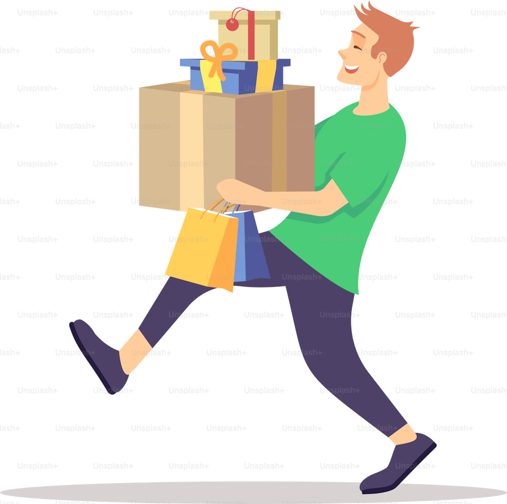 Last minute shopping semi flat RGB color vector illustration. Pleased young man carrying pile of gift boxes isolated cartoon character on white background