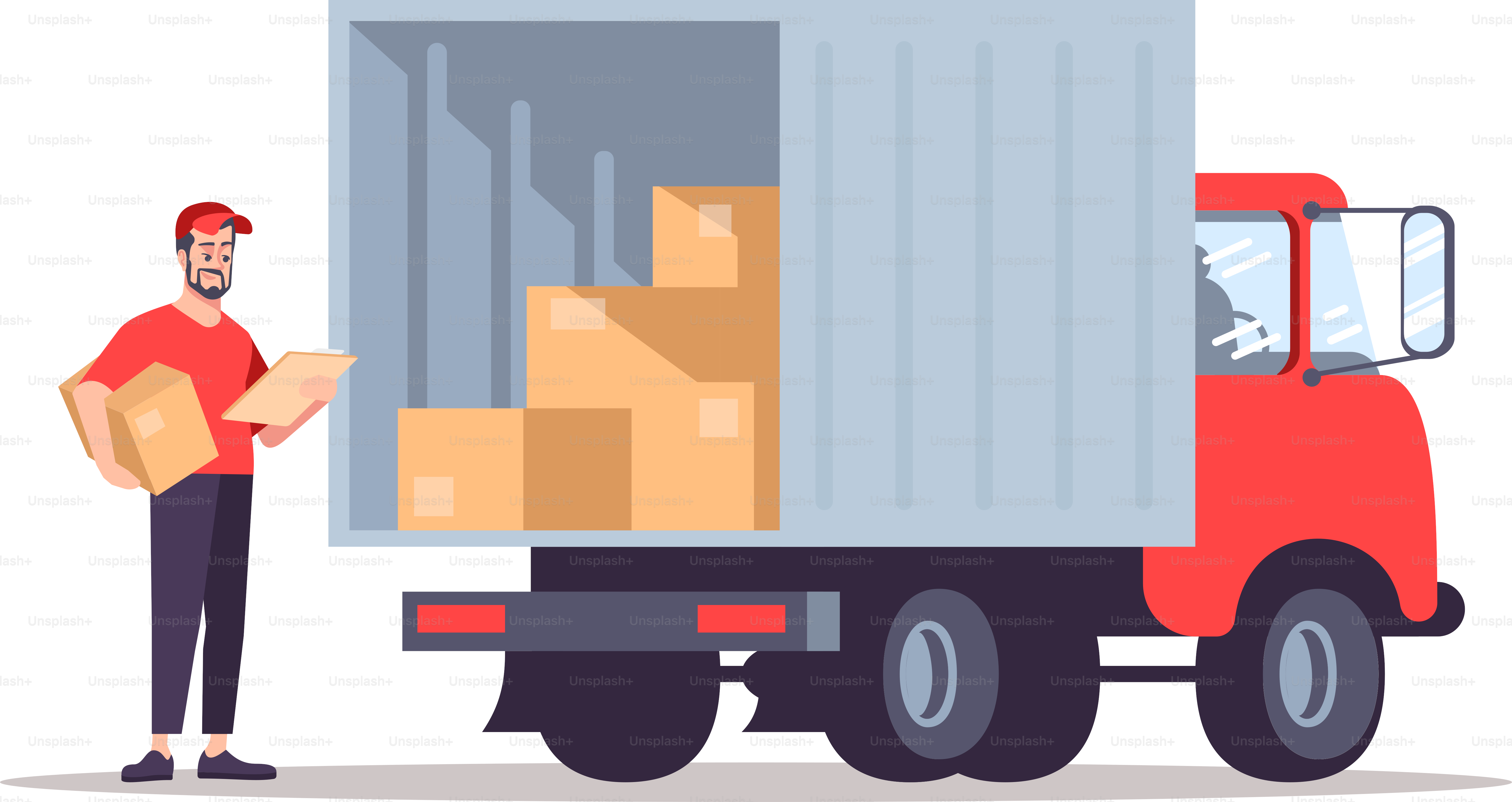 Parcel delivery company semi flat RGB color vector illustration. Male carrier standing near delivery van isolated cartoon character on white background