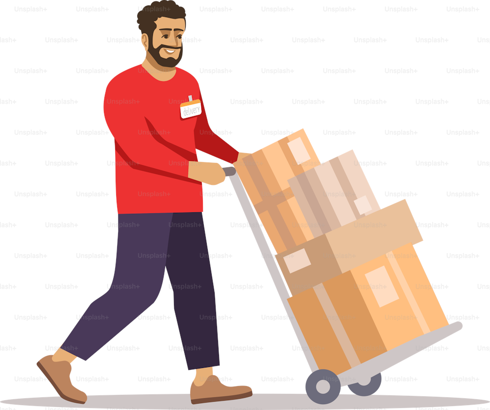 Large packages delivery semi flat RGB color vector illustration. Male shipper rolling cart with pile of boxes isolated cartoon character on white background