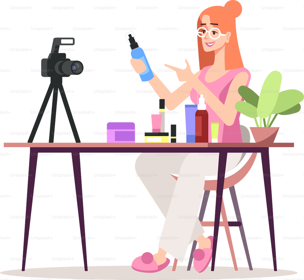 Testing new cosmetics for audience semi flat RGB color vector illustration. Female beauty influencer isolated cartoon character on white background