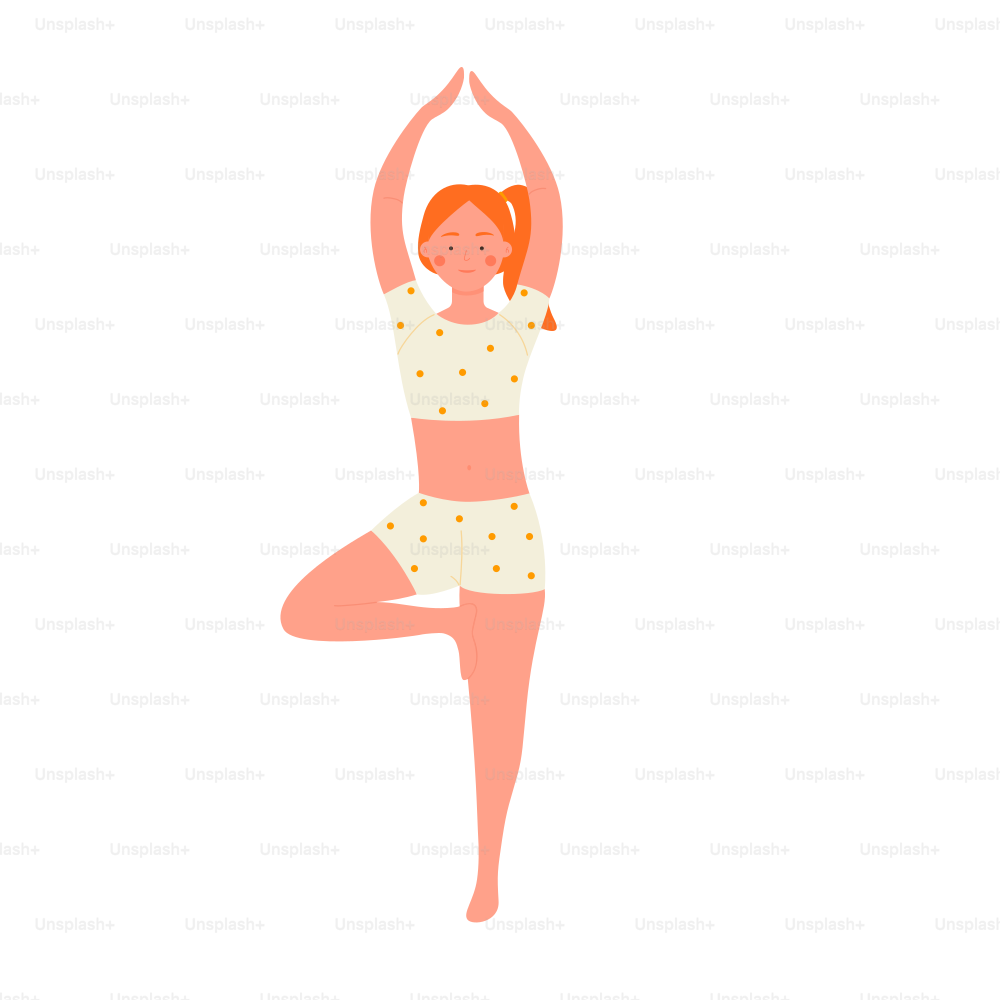 Red haired girl standing in yoga position. Home exercise and sport practising cartoon vector illustration