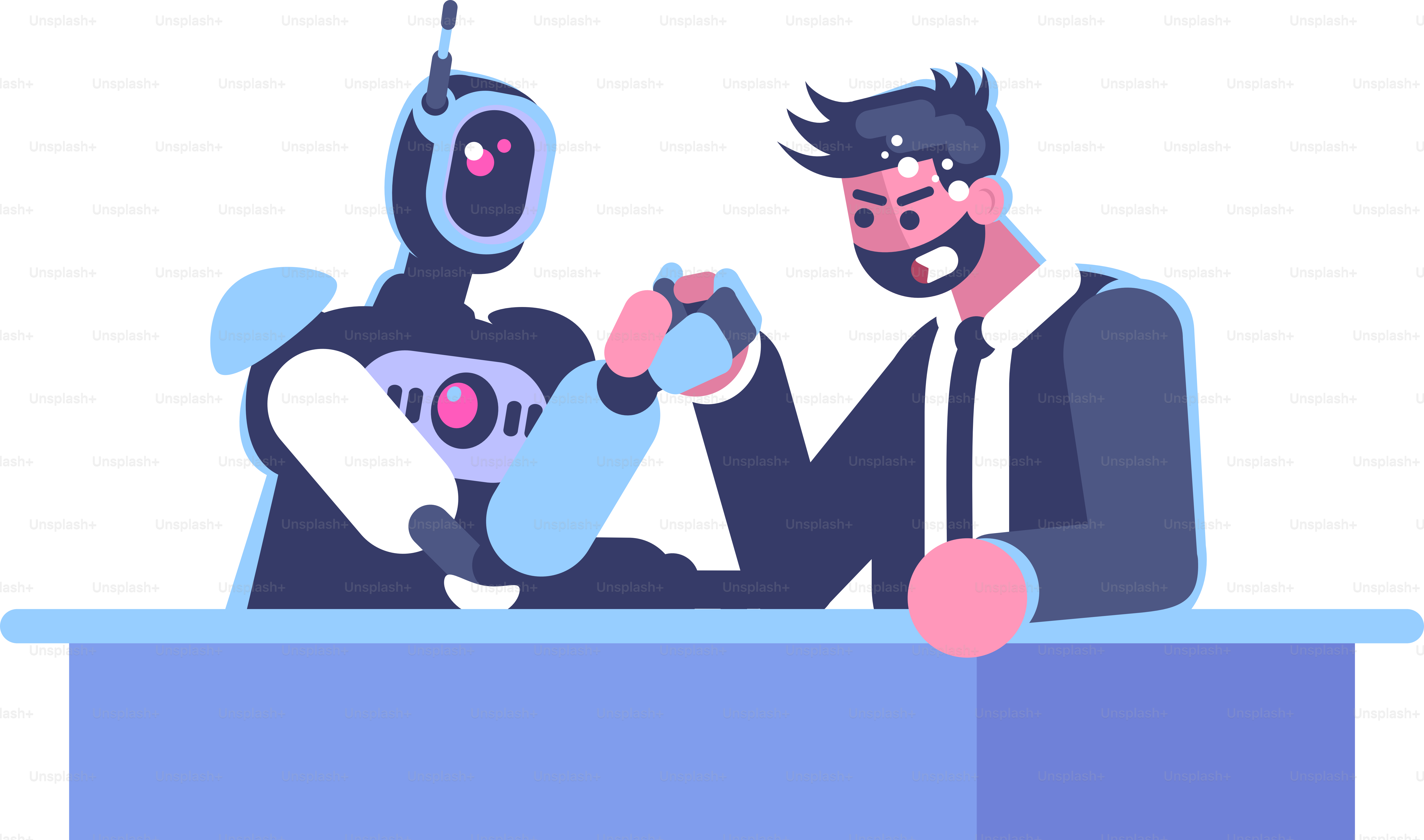 Human employee competing with ai semi flat RGB color vector illustration. Man and machine isolated cartoon characters on white background