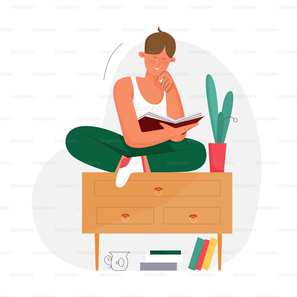 Cute young boy sitting on stand and reading book. Literature lover spending leisure time cartoon vector illustration