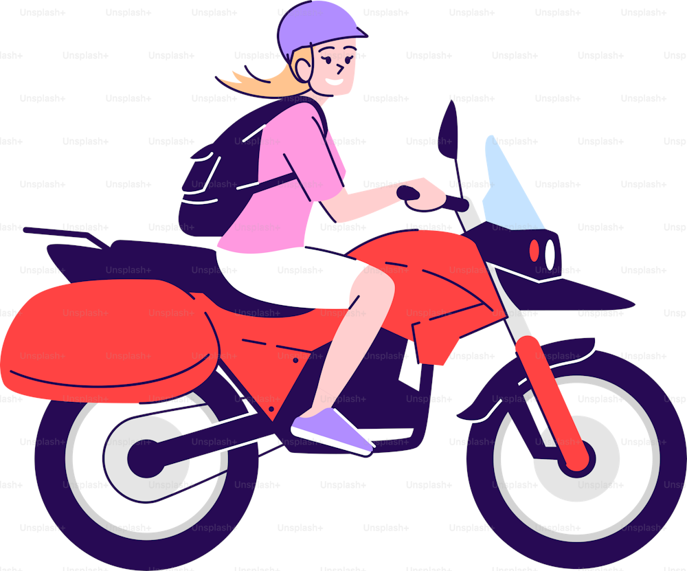 Lächelndes Mädchen, das Motorrad fährt, halbflache RGB-Farbvektorillustration. Sitzende Figur. Aktiver Lebensstil. Person, die den Mietservice nutzt, um isolierte Zeichentrickfiguren auf weißem Hintergrund zu reisen