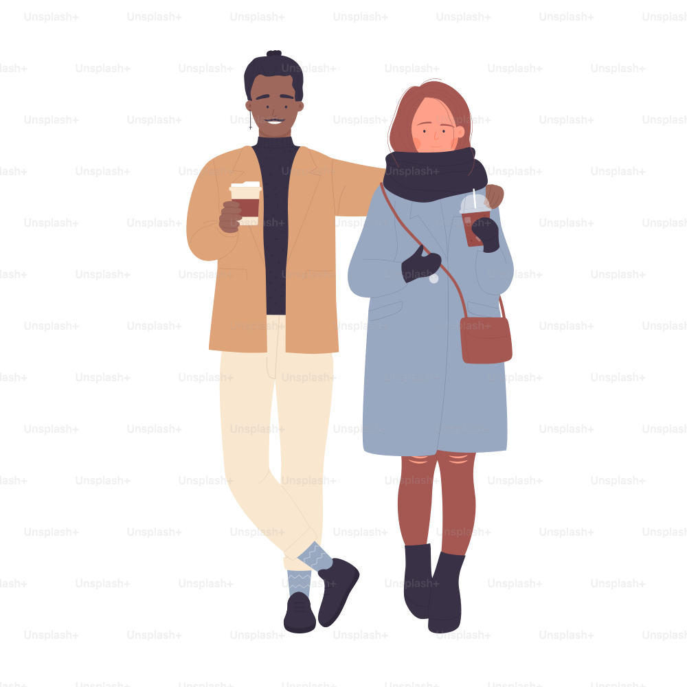 Stylish beautiful couple drinking coffee and walking. Spending outdoor leisure time together cartoon vector illustration