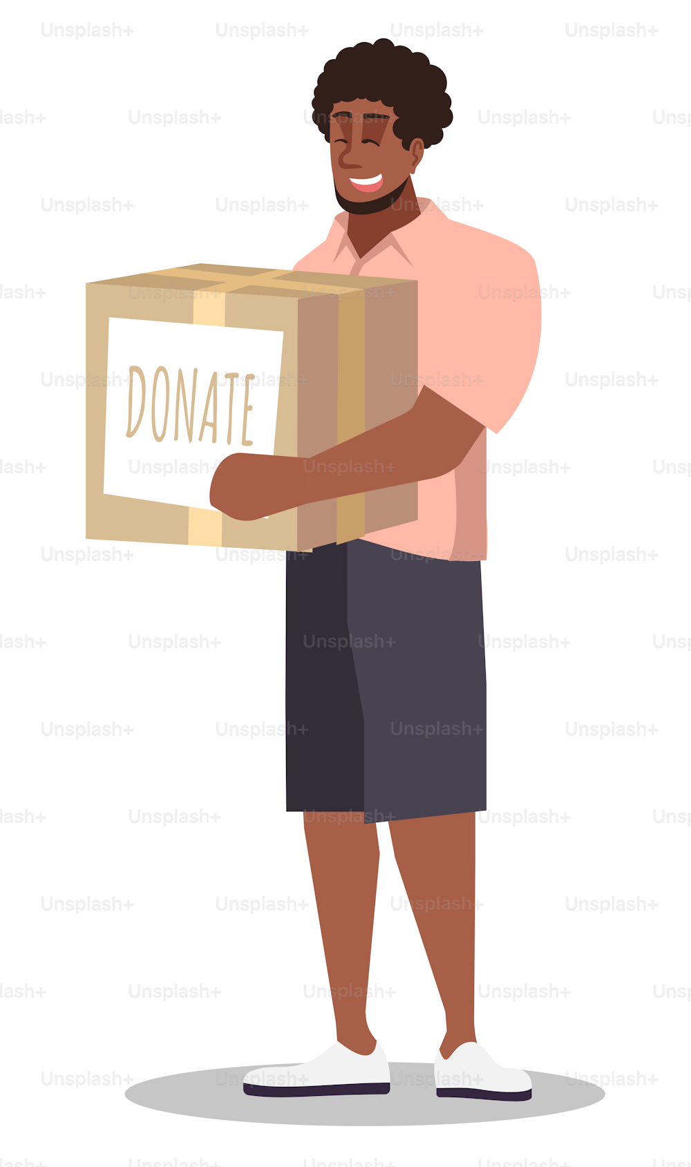 Spendenaktion halbflache RGB-Farbvektorillustration. Männlicher Freiwilliger, der Box für wohltätige Zwecke hält, isolierte Zeichentrickfigur auf weißem Hintergrund