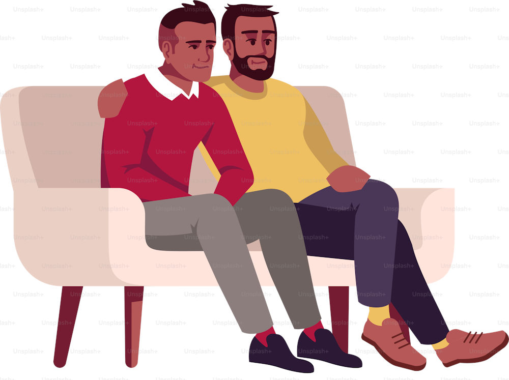 Gay couple sitting on sofa semi flat RGB color vector illustration. Embracing figures. Men visiting psychologist consultation meeting isolated cartoon characters on white background