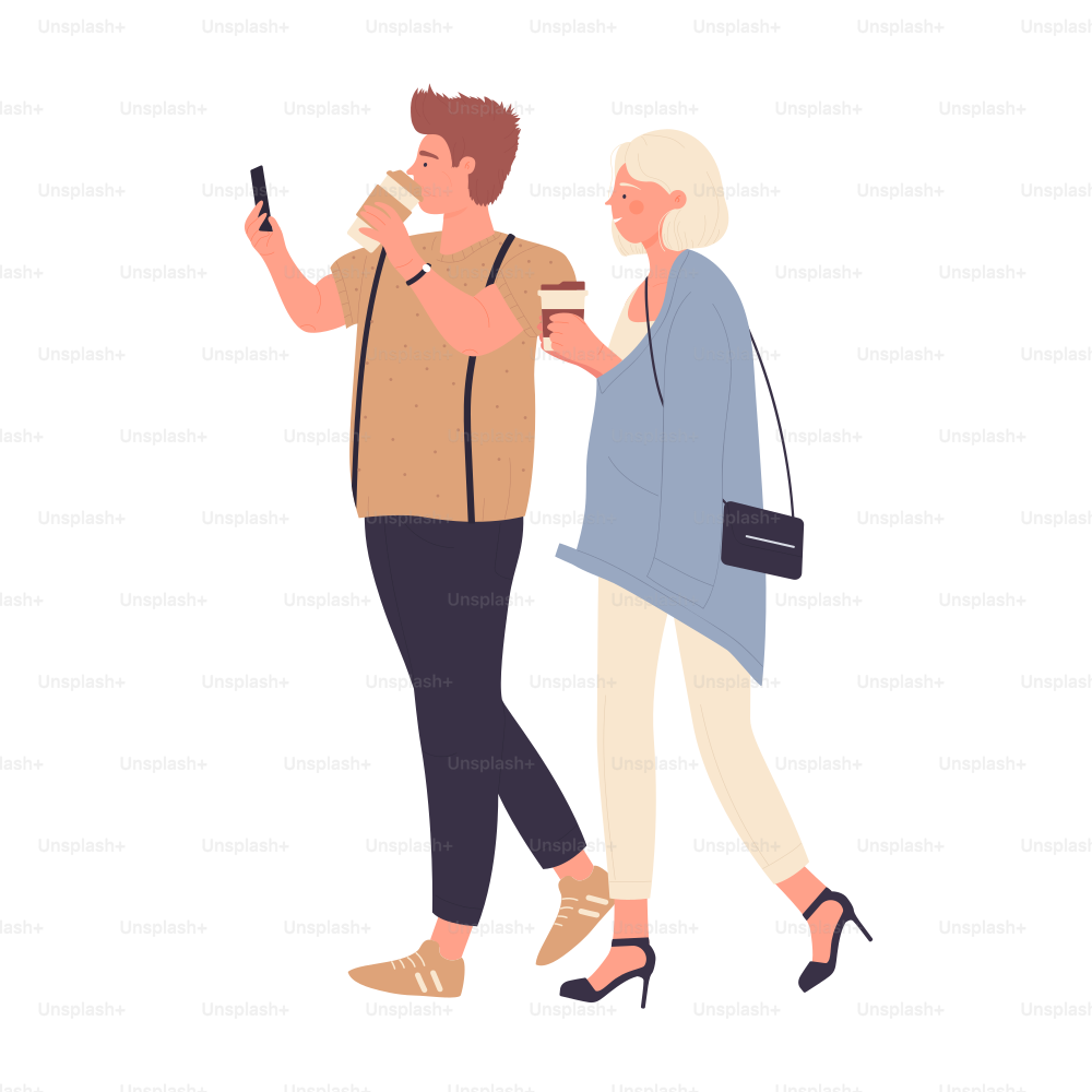 Walking cheerful couple drinking coffee and taking selfie. Spending outdoor leisure time together cartoon vector illustration