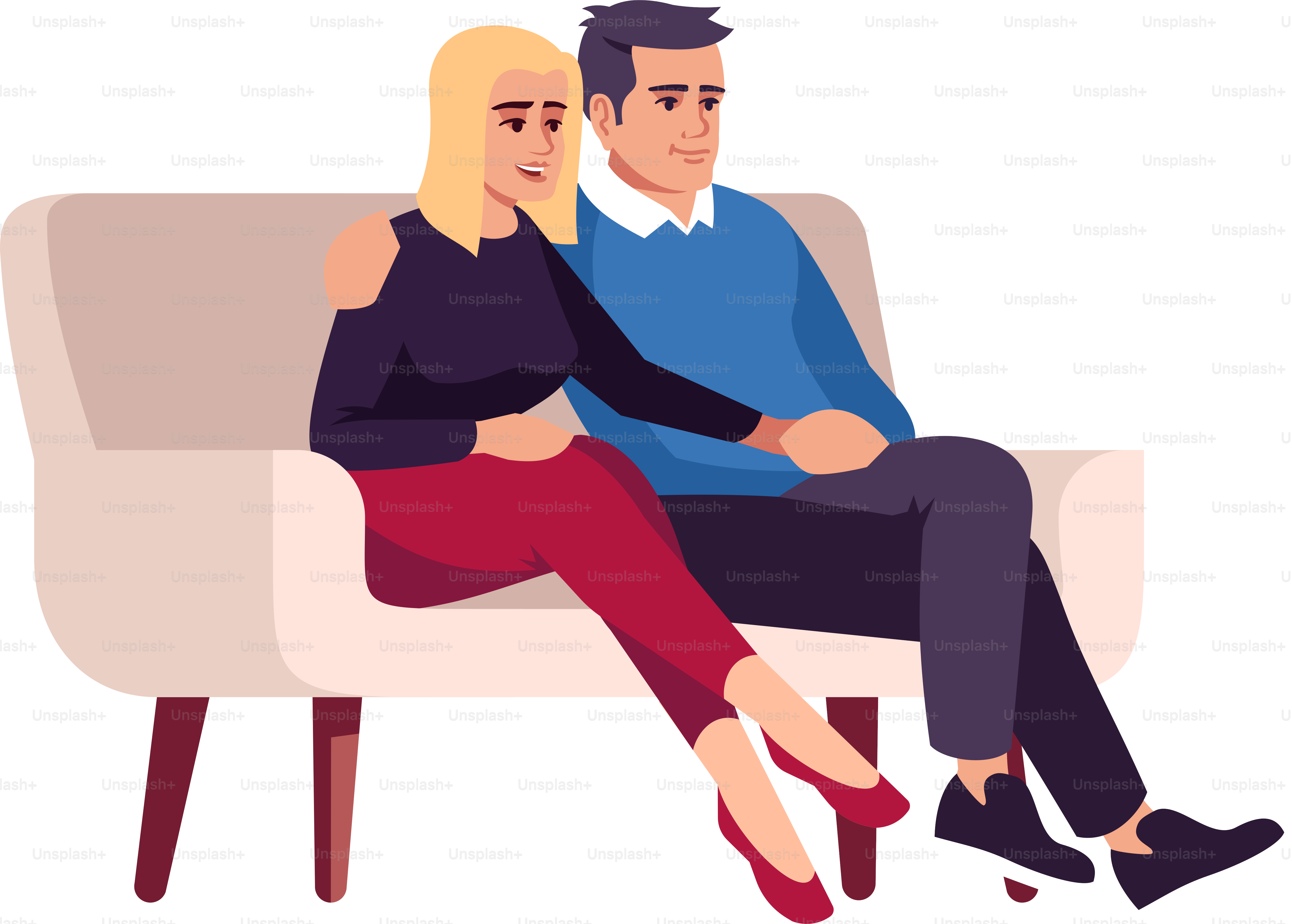 Couple sitting on sofa and embracing semi flat RGB color vector illustration. Woman and man visiting psychologist consultation meeting isolated cartoon characters on white background