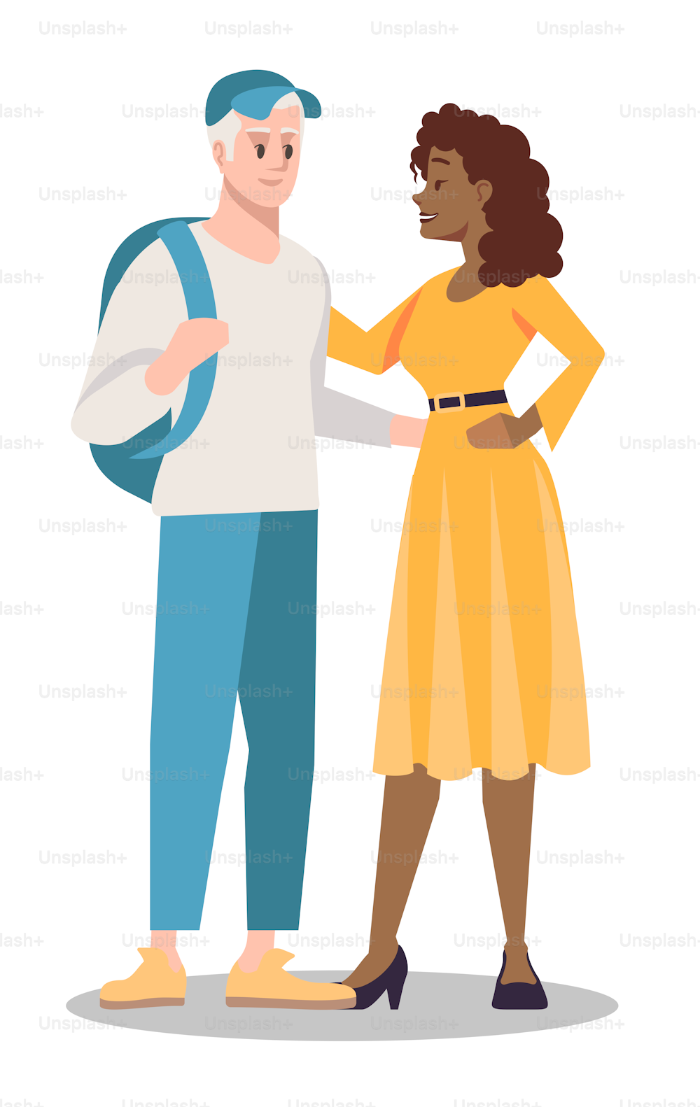 Diversity in friendship semi flat RGB color vector illustration. Diverse couple embracing each other isolated cartoon characters on white background