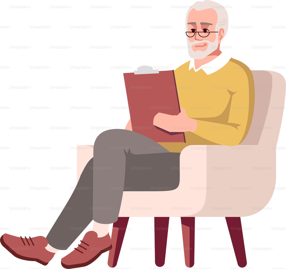 Licensed psychotherapist sitting in armchair semi flat RGB color vector illustration. Professional practice. Psychologist conducting consultation meeting isolated cartoon character on white background