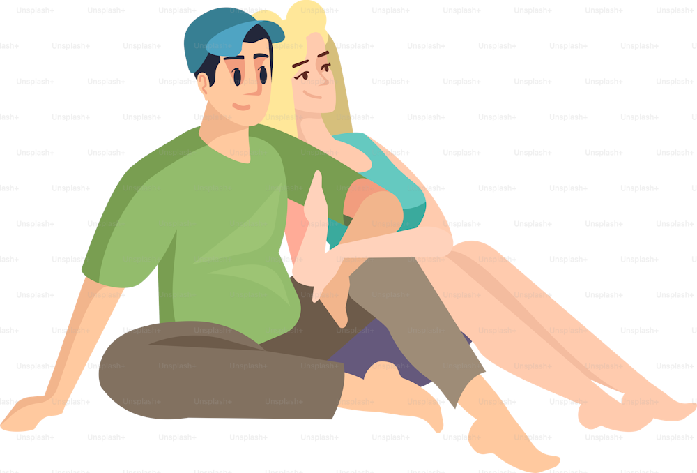 Summer camping semi flat RGB color vector illustration. Young couple relaxing together isolated cartoon characters on white background