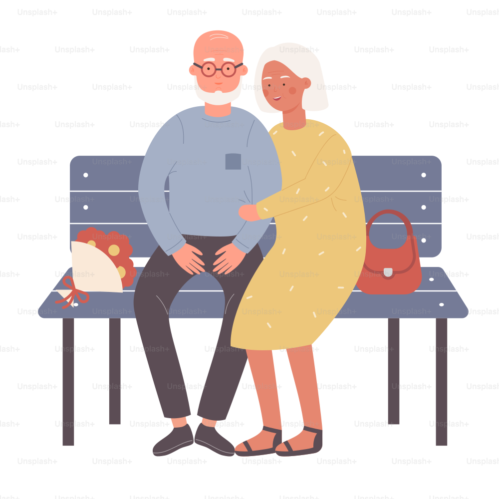 Senior happy couple sitting on wooden bench. Elderly man giving bouquet flower to his wife cartoon vector illustration