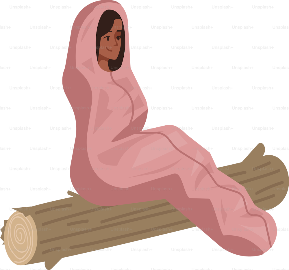 Enjoying camping at night semi flat RGB color vector illustration. Woman in sleeping bag sitting on log isolated cartoon character on white background
