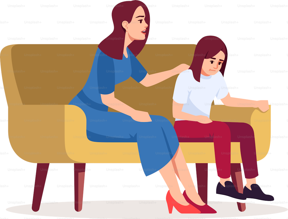 Mother with daughter sitting on sofa semi flat RGB color vector illustration. Woman with girl visiting psychologist consultation meeting isolated cartoon characters on white background