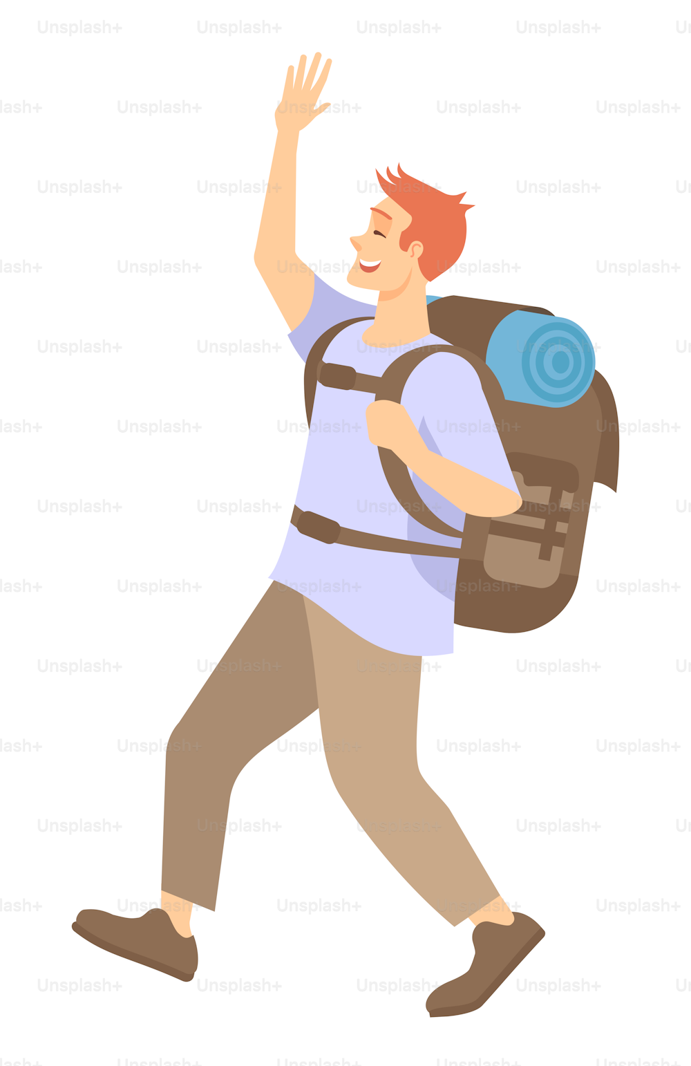 Trekking-Abenteuer halbflache RGB-Farbvektorillustration. Junger Mann mit Reiserucksack wird isolierte Zeichentrickfigur auf weißem Hintergrund stolpern