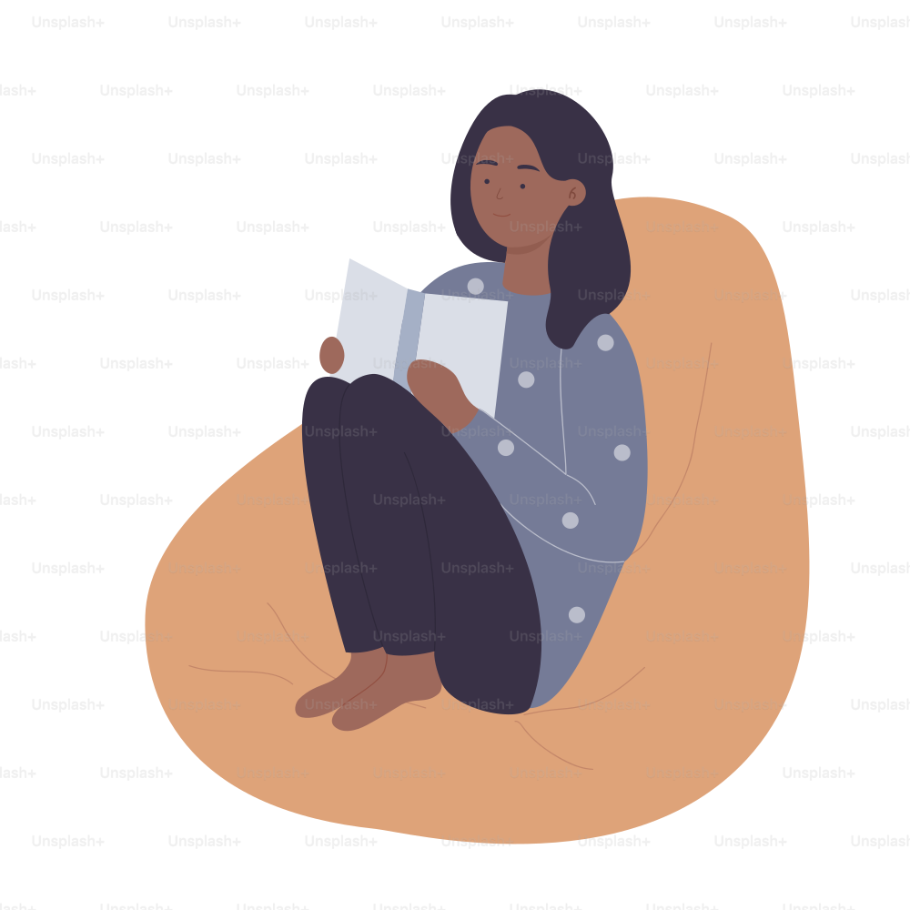 Dark skin girl reading in cozy and comfortable bean bag. Staying in home soft furniture fluffy chair cartoon vector illustration