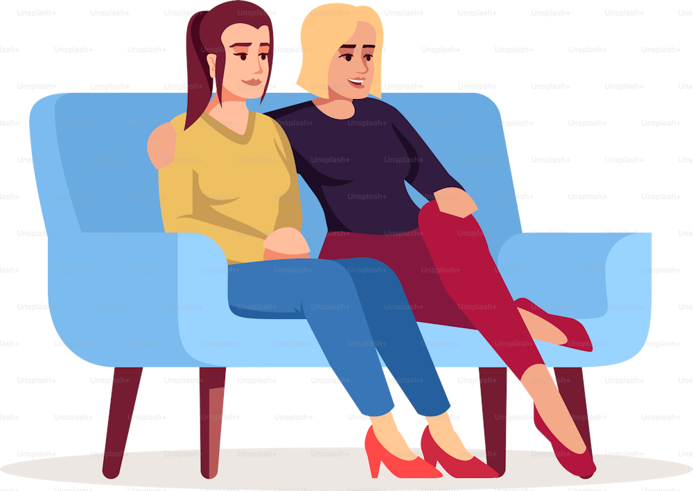 Lesbian couple sitting on sofa semi flat RGB color vector illustration. Bonding with partner. Women visiting psychologist consultation meeting isolated cartoon characters on white background