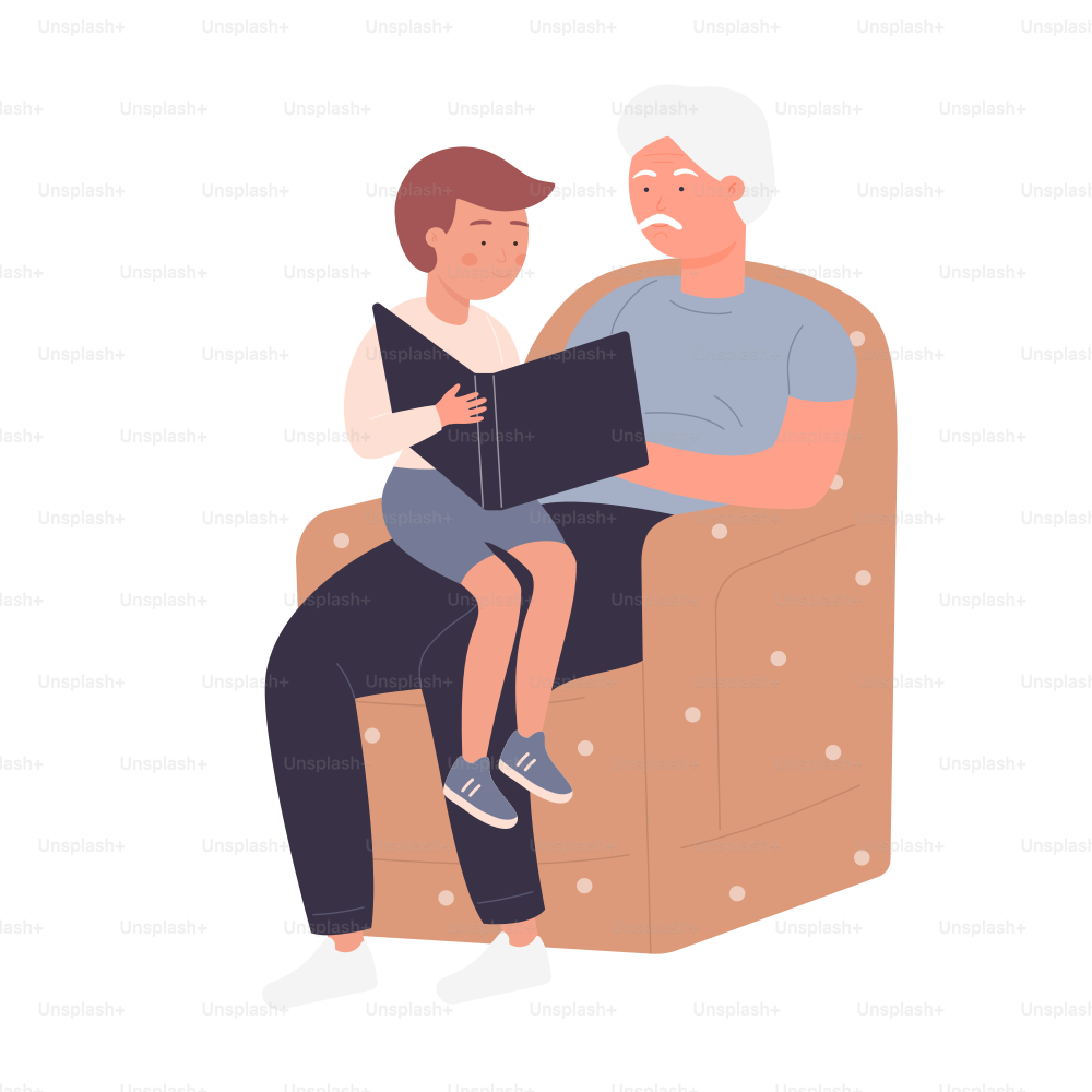Grandfather with his grandson reading book in cozy armchair. Family education and development moment cartoon vector illustration