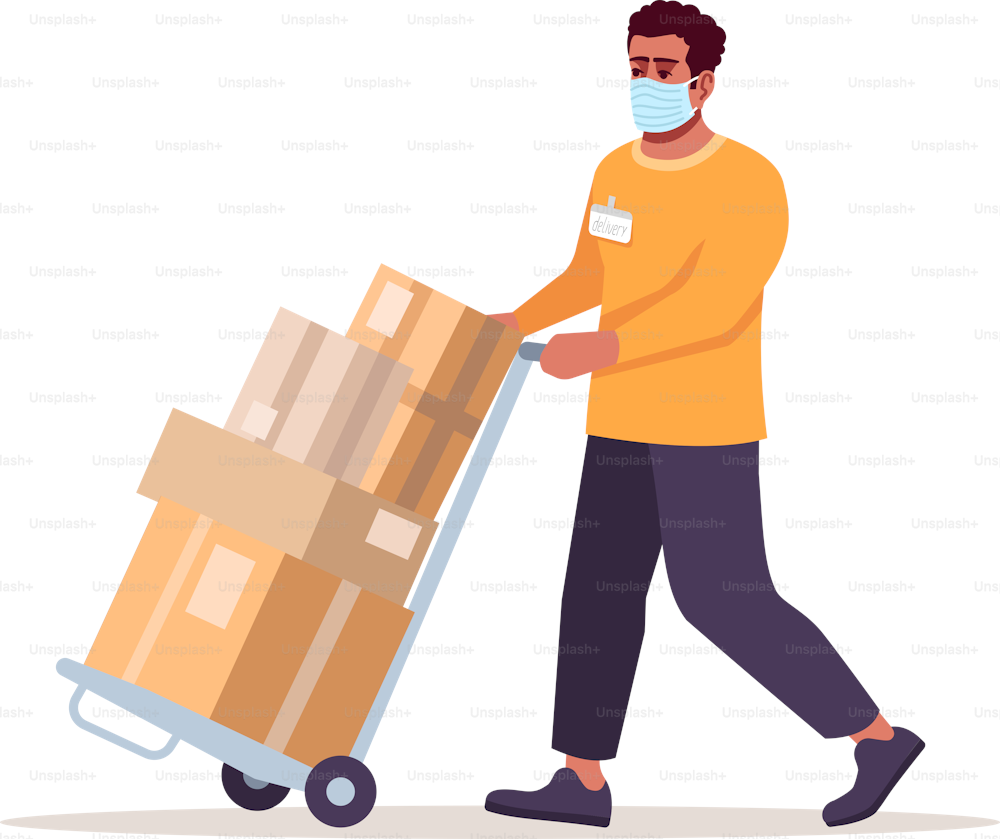 Parcels distribution during lockdown semi flat RGB color vector illustration. Preventative measures for covid. Male shipper with cart wearing mask isolated cartoon character on white background