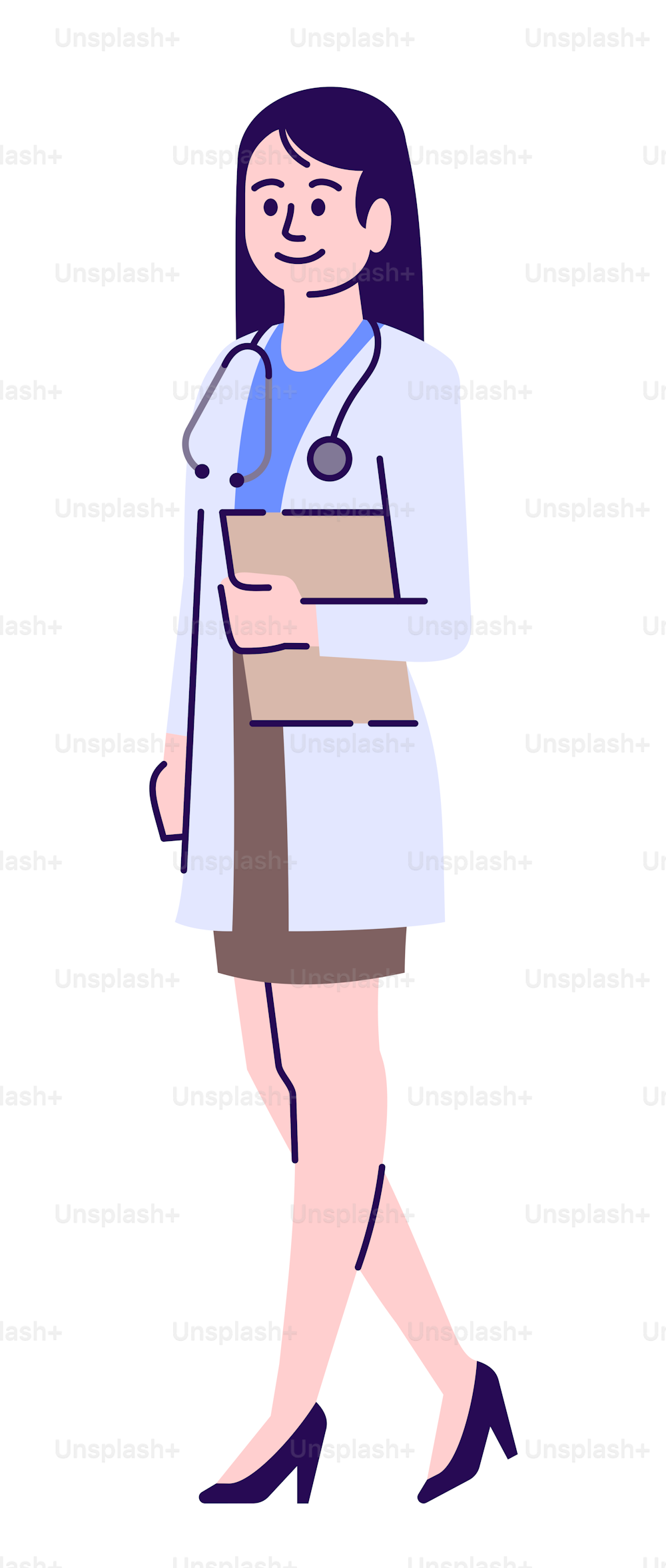 Medical field career semi flat RGB color vector illustration. Female physician holding tablet isolated cartoon character on white background